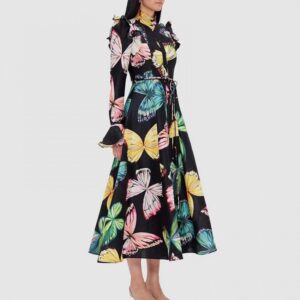 Lace Up Ruffle Lantern Sleeve Long Sleeves Dress