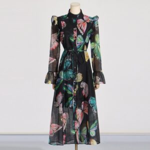 Lace Up Ruffle Lantern Sleeve Long Sleeves Dress