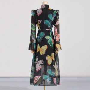 Lace Up Ruffle Lantern Sleeve Long Sleeves Dress