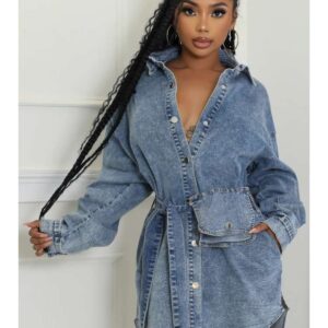 Denim Buckle Patchwork Lapel Mini Dress
