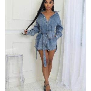 Denim Buckle Patchwork Lapel Mini Dress